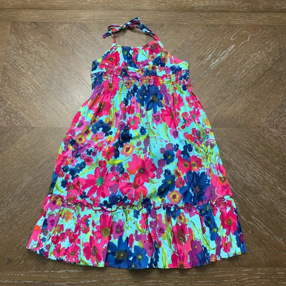 Girls turquoise/navy/pink flower print sun dress